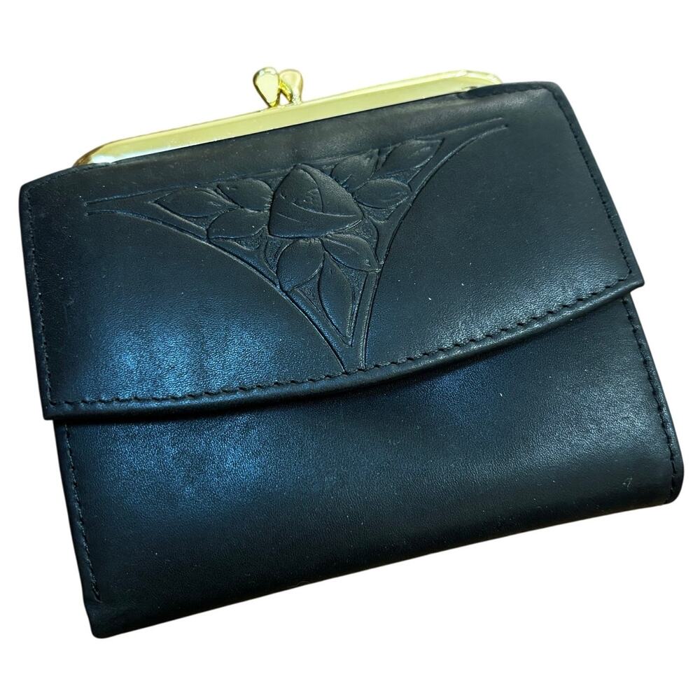 Vintage Rolfs black leather coin purse wallet embossed floral flap gold kisslock